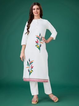 MOJILAA - Green Linen Leaf Print Kurta with Pant (Set of 2)