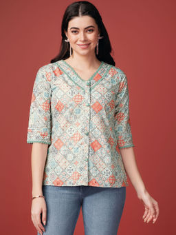 MOJILAA - Womens Green Bored Schiffli Embroidered Shirt Style Top