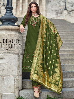 MOJILAA - Green Viscose Floral Embroidered Kurta with Pants & Jacquard Dupatta (Set of 3)