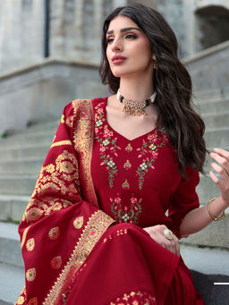 MOJILAA - Red Viscose Floral Embroidered Kurta with Pants Jacquard Dupatta (Set of 3)