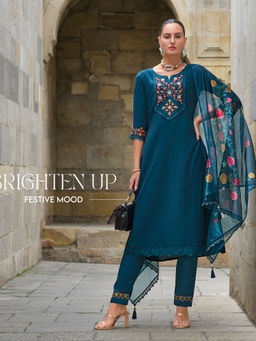 MOJILAA - Blue Viscose Floral Embroidered Straight Kurta with Pants Dupatta (Set of 3)