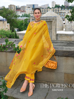 MOJILAA - Yellow Viscose Floral Embroidered Straight Kurta with Pants Dupatta (Set of 3)