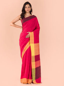 Angoshobha - Red Handwoven Cotton Saree with Unstitched Blouse