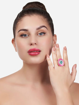 Zaveri Pearls - Pink & Green Meenakari Floral Design Ethnic Ring-ZPFK13180