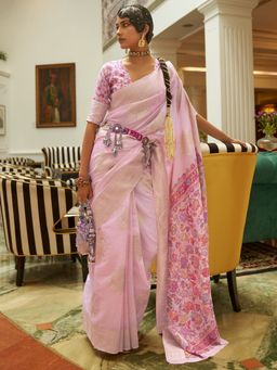 Akhilam - Womens Silk Blend Pink Woven Designer Saree with Unstitched Blouse