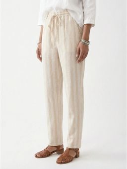 IZF - Women Beige Striped Straight Fit Linen Pants