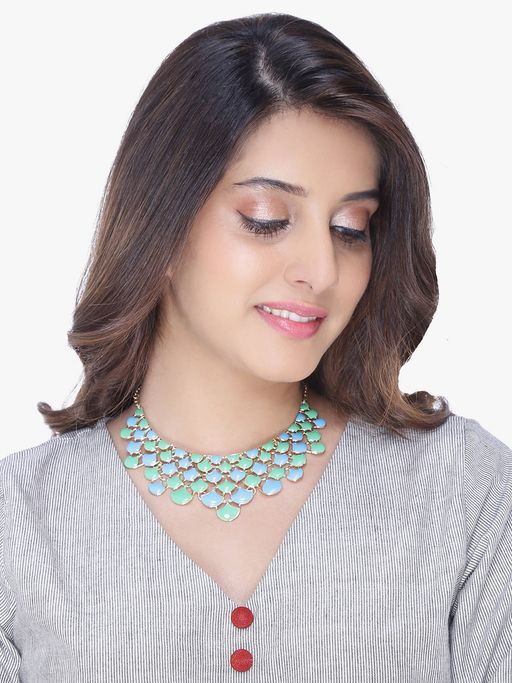 Yellow Chimes Green and Blue Gold-Plated Bohemian Necklace