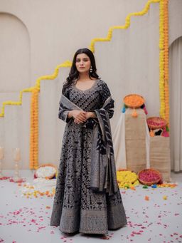 Kidar - Women Black Woven Anarkali with Pant and Dupatta (Set of 3)