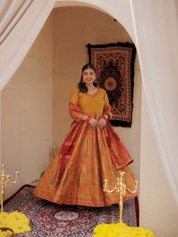 Kidar - Women Mustard Paisley Anarkali with Pant and Dupatta (Set of 3)