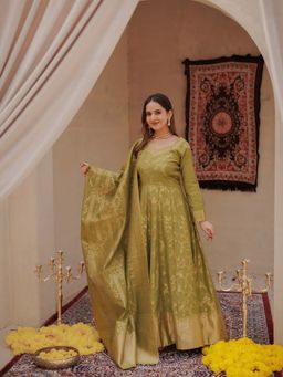 Kidar - Women Green Floral Anarkali with Pant and Dupatta (Set of 3)