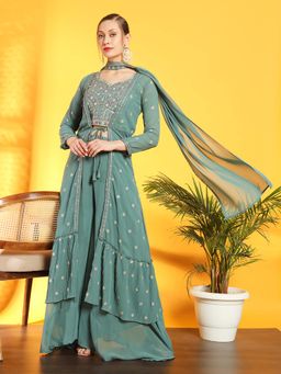 Chhabra 555 - Women Green Embellished Crop Top with Sharara with Jacket and Dupatta (Set of 4)