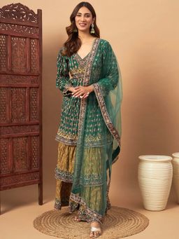 Chhabra 555 - Women Green Printed Kurta with Sharara and Dupatta (Set of 3)