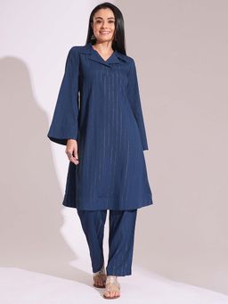 Globus - Women Teal Stripes Kurta with Pant (Set of 2)