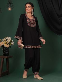 Globus - Women Black Embroidered Kurta with Salwar (Set of 2)