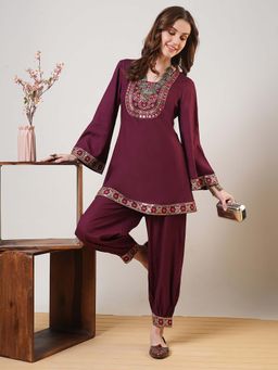Globus - Women Maroon Embroidered Kurta with Salwar (Set of 2)