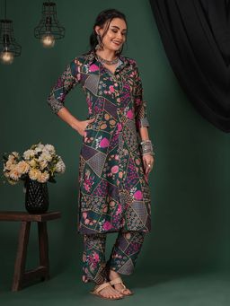 Globus - Women Green Floral Kurta with Pant (Set of 2)