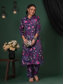 Globus - Women Purple Floral Kurta with Pant (Set of 2)