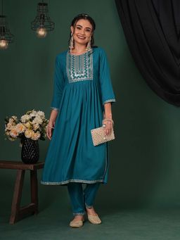 Globus - Women Teal Embellished Kurta with Pant (Set of 2)
