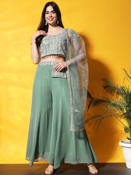 Chhabra 555 - Women Teal Embroidered Crop Top with Palazzo and Dupatta (Set of 3)