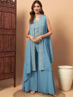 Chhabra 555 - Women Blue Embroidered Crop Top with Sharara and Jacket (Set of 3)