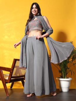 Chhabra 555 - Women Grey Embroidered Crop Top with Sharara with Jacket and Dupatta (Set of 4)