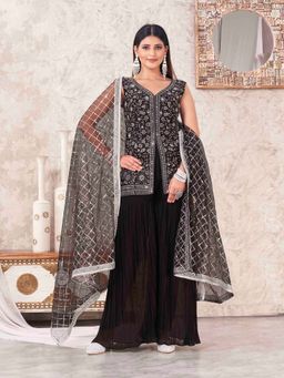 FLAHER - Women Black Embroidered Kurta with Sharara and Dupatta (Set of 3)