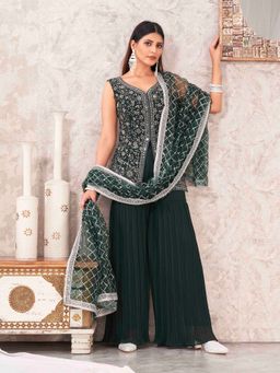 FLAHER - Women Green Embroidered Kurta with Sharara and Dupatta (Set of 3)