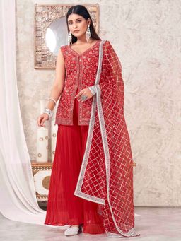 FLAHER - Women Red Embroidered Kurta with Sharara and Dupatta (Set of 3)