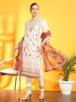 Chhabra 555 - Women Cream Embroidered Kurta with Pant and Dupatta (Set of 3)