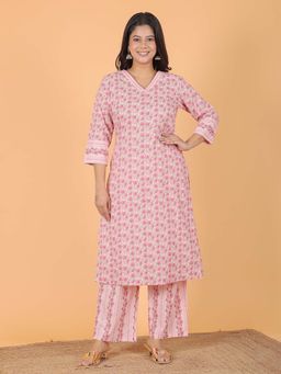 ARAMYA - Women Pink Floral Kurta with Pant (Set of 2)