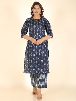 ARAMYA - Women Blue Printed Kurta with Pant (Set of 2)