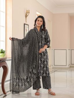 ARAMYA - Women Black Printed Kurta with Pant and Dupatta (Set of 3)