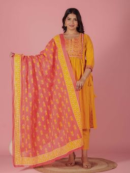 ARAMYA - Women Yellow Embroidered Kurta with Pant and Dupatta (Set of 3)