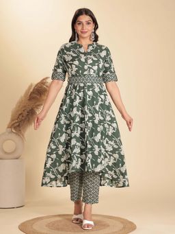 ARAMYA - Women Green Floral Kurta with Pant (Set of 2)