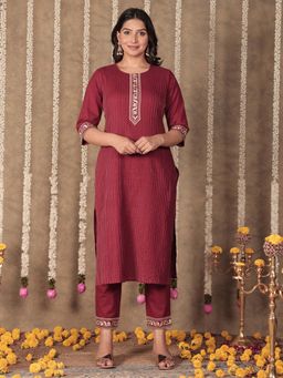 ARAMYA - Women Maroon Embroidered Kurta with Pant (Set of 2)
