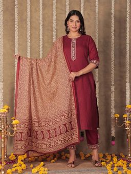 ARAMYA - Women Maroon Embroidered Kurta with Pant and Dupatta (Set of 3)