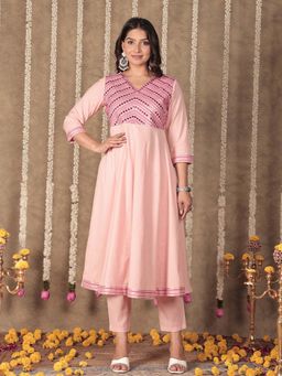 ARAMYA - Women Pink Embroidered Kurta with Pant (Set of 2)
