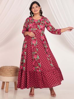 ARAMYA - Women Maroon Floral Anarkali Kurta with Pant (Set of 2)
