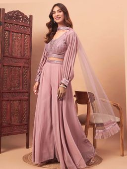 Chhabra 555 - Women Pink Crop Top and Sharara with Bishop Sleeves and Dupatta (Set of 3)