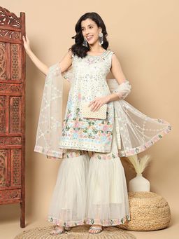 Chhabra 555 - Women White Embroidered Kurta with Sharara and Dupatta (Set of 3)