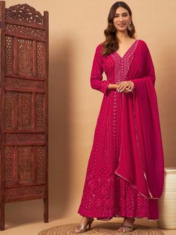 Chhabra 555 - Women Magenta Embroidered Kurta with Palazzo and Dupatta (Set of 3)