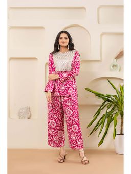 ZNKL - Latest Pink Round Neck Long Sleeves Floral Kurti and Pant Set For Women