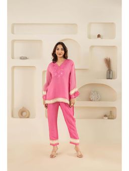 ZNKL - Trendy Pink V Neck Full Sleeves kurta and Pant Set For Women