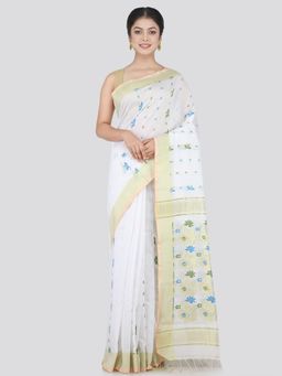 PinkLoom - Women's Cotton Blend Saree with Unstitched Blouse Piece, White