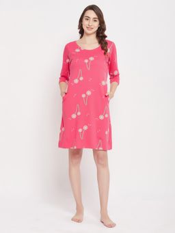 Clovia - Printed Short Night Dress With Pocket - Cotton Peach