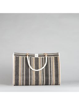 ETCETERA - Women Black And White Cotton Tote Bag with Woven White Artificial Leather Handle