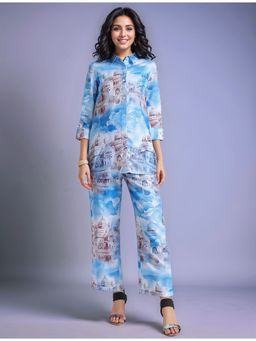 Gahan - Blue Women's Digital Printed Cotton Blend Shirt with Trousers (Set of 2)