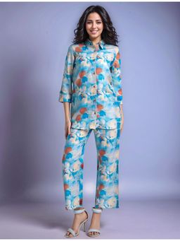 Gahan - Blue Women's Digital Printed Cotton Blend Shirt with Trousers (Set of 2)
