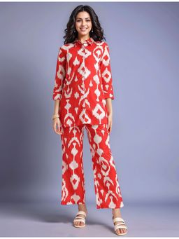 Gahan - Red Women's Ikkat Printed Cotton Blend Shirt with Trousers (Set of 2)
