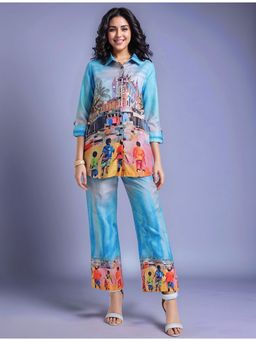 Gahan - Blue Women's Digital Printed Cotton Blend Shirt with Trousers (Set of 2)